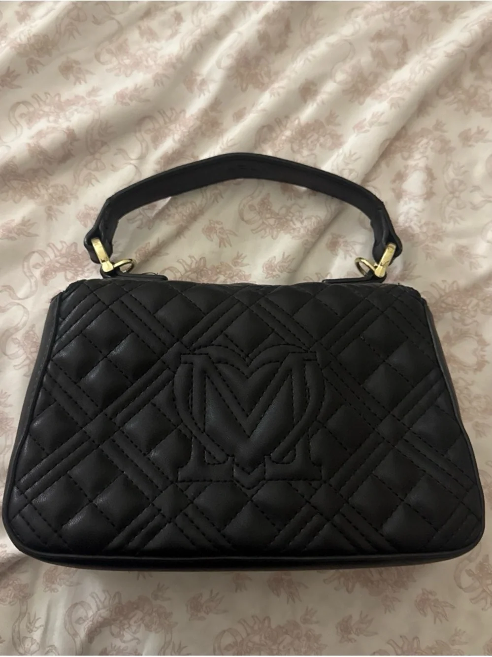 Love Moschino Black Quilted Satchel with Gold Logo Plaque